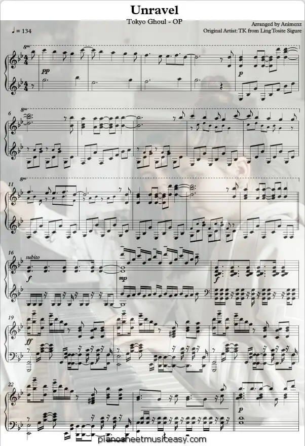 unravel printable free sheet music for piano 