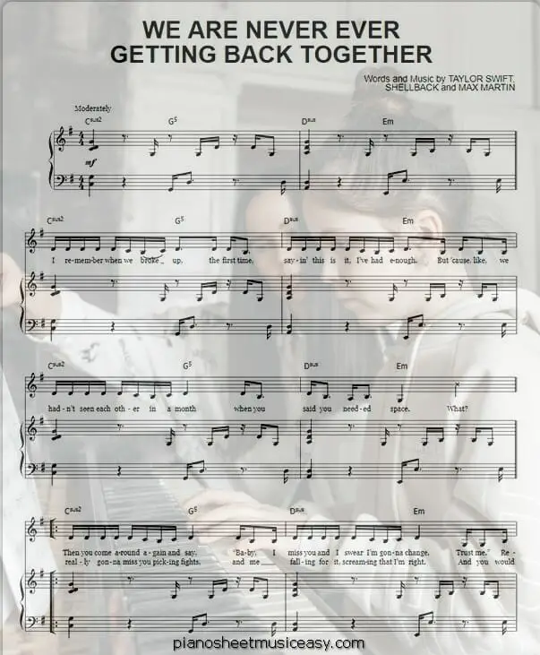 we are never ever getting back together printable free sheet music for piano 