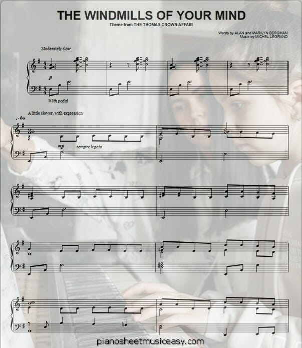 windmills of your mind printable free sheet music for piano 