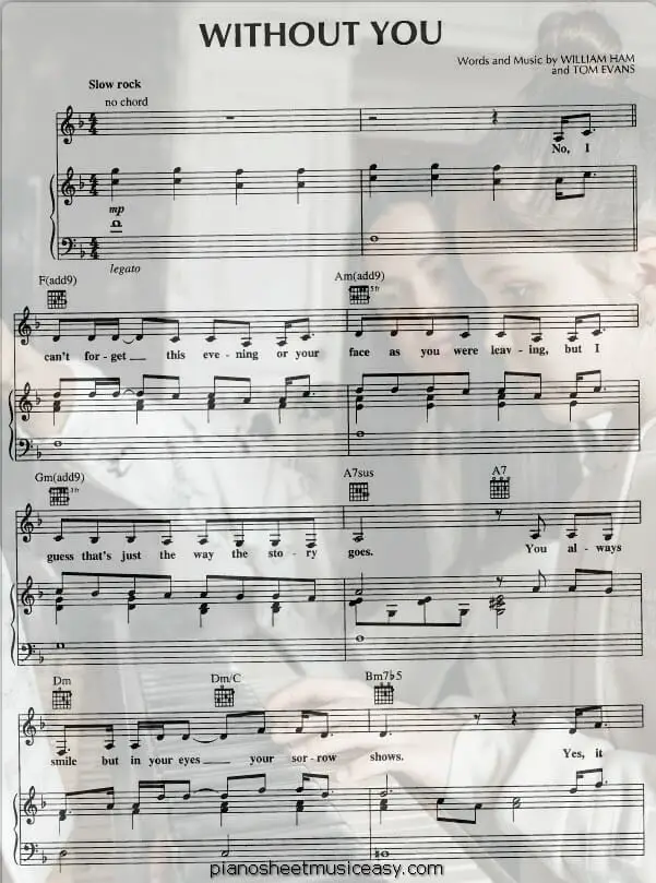 without you printable free sheet music for piano 