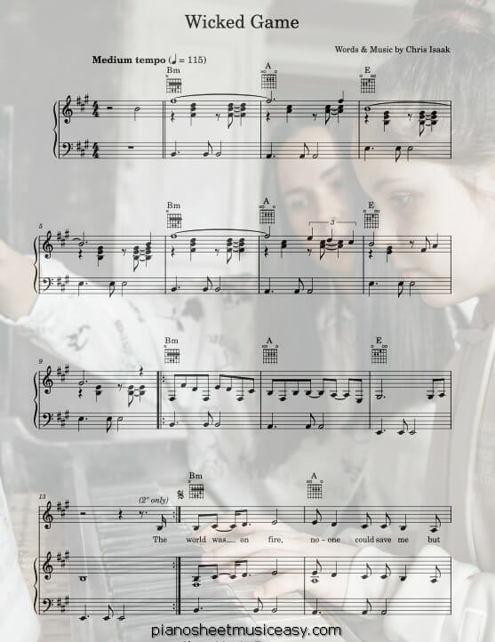 Wicked Game printable free sheet music for piano 