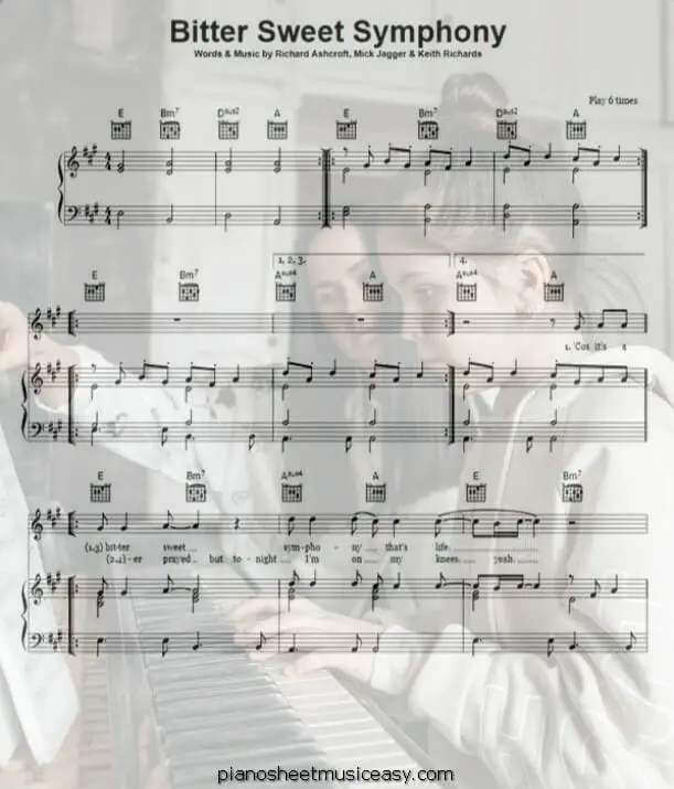 bitter sweet symphony printable free sheet music for piano 