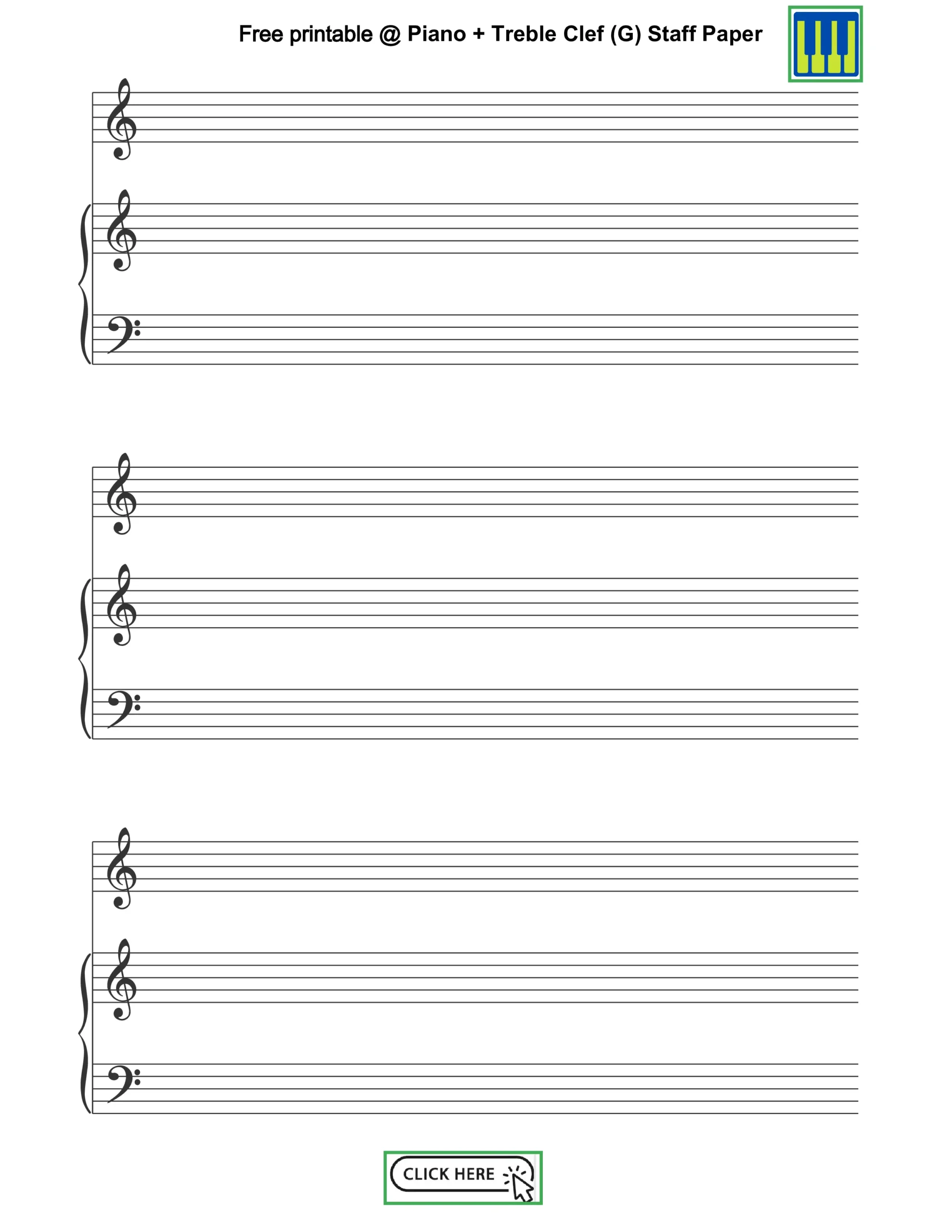 Free printableBlank Sheet Music Piano + Treble Clef (G) Staff Paper Templates